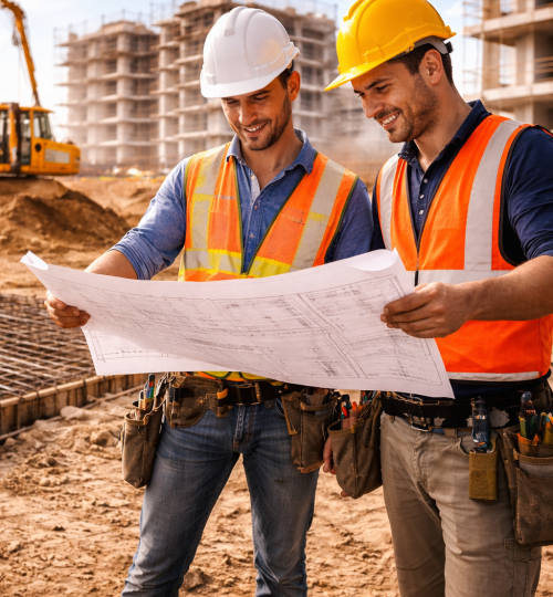 Construction workers reviewing blueprint together